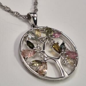 Tree of Life Necklace Multi-Color Tourmaline Stones Pendant Sterling Silver YGI
